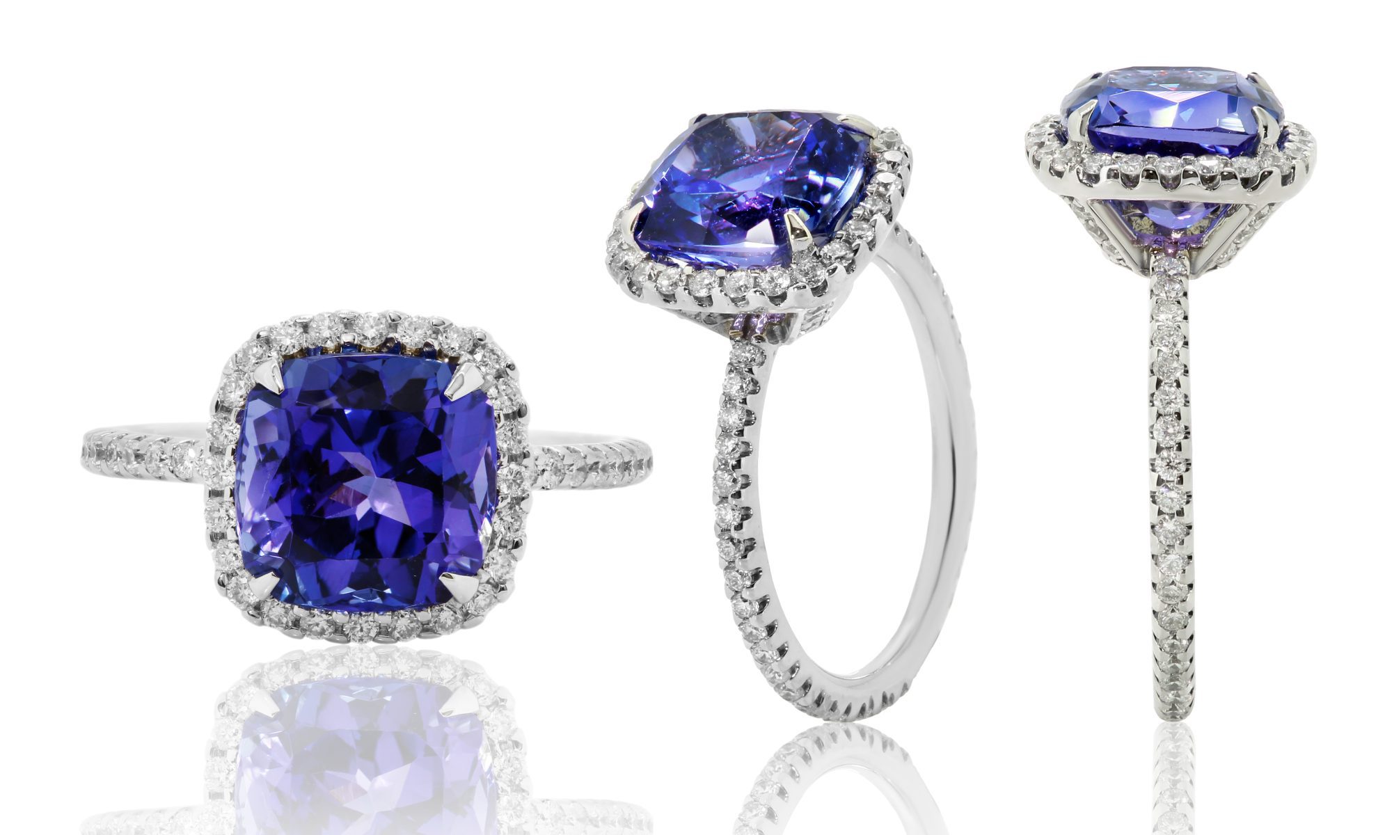 Three angles of a purple tanzanite ring, to represent Custom Jewelry Designer Merrillville.